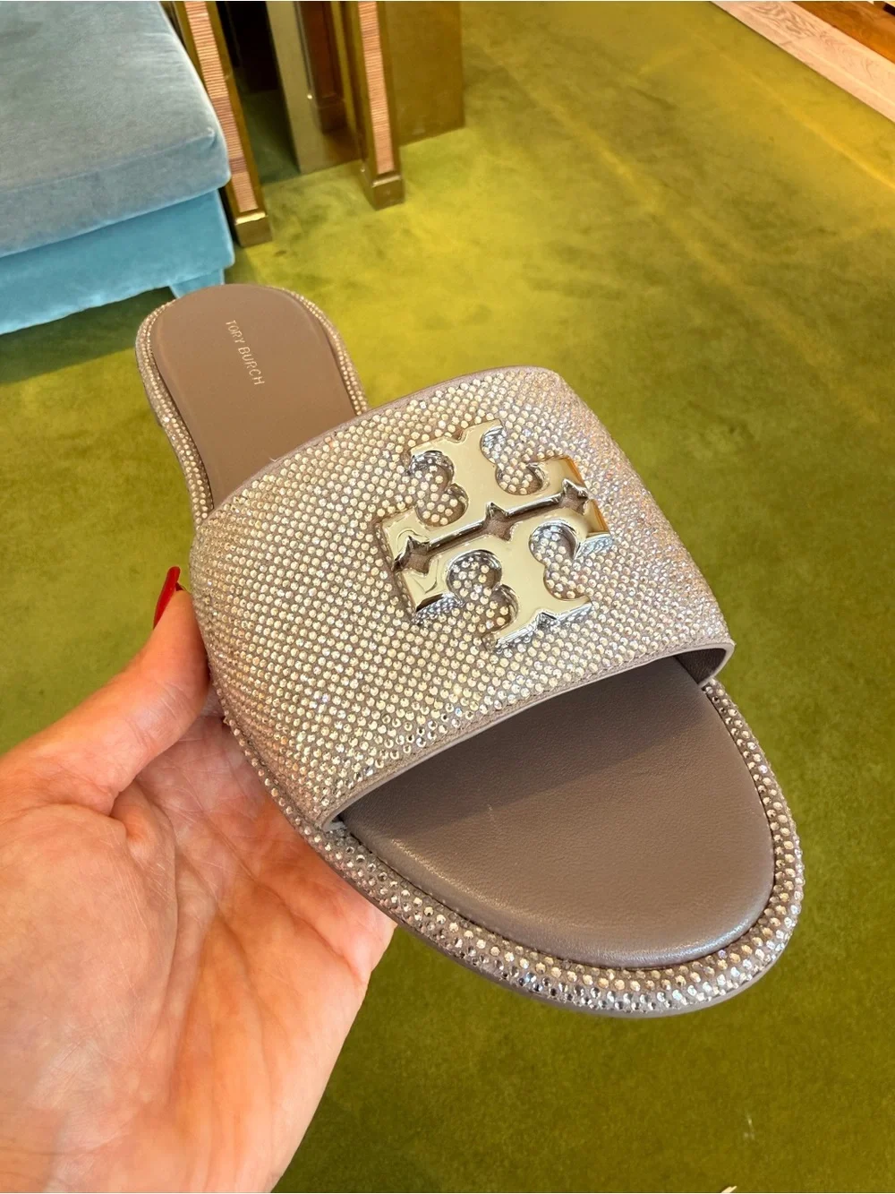 $375‎ Tory Burch Everly Rhinestone Slide Sandals, Dark Clay / Silver, RUNS SMALL